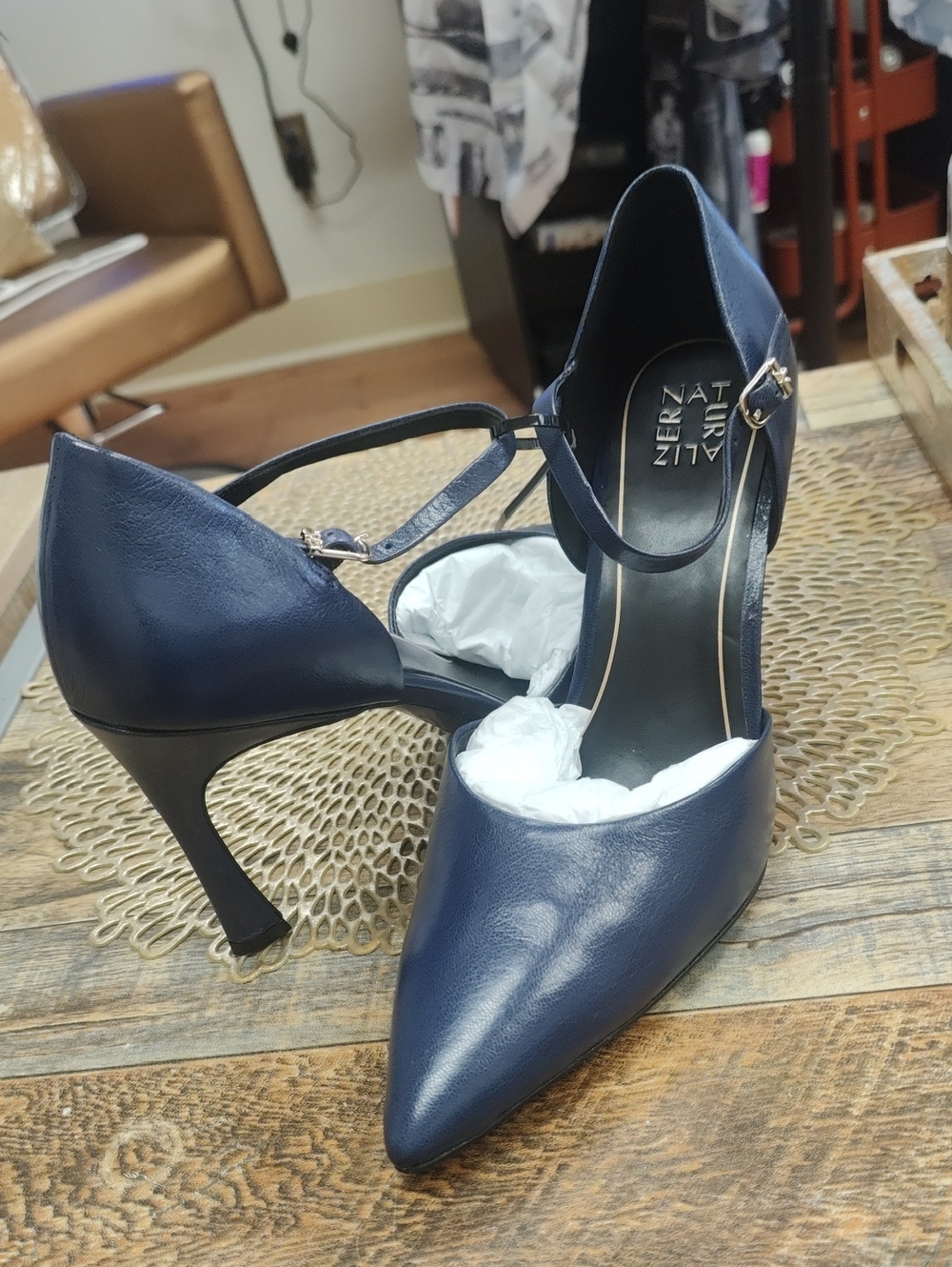 Large Size!! Real Leather Azul Pointed T-Strap Heels in Navy